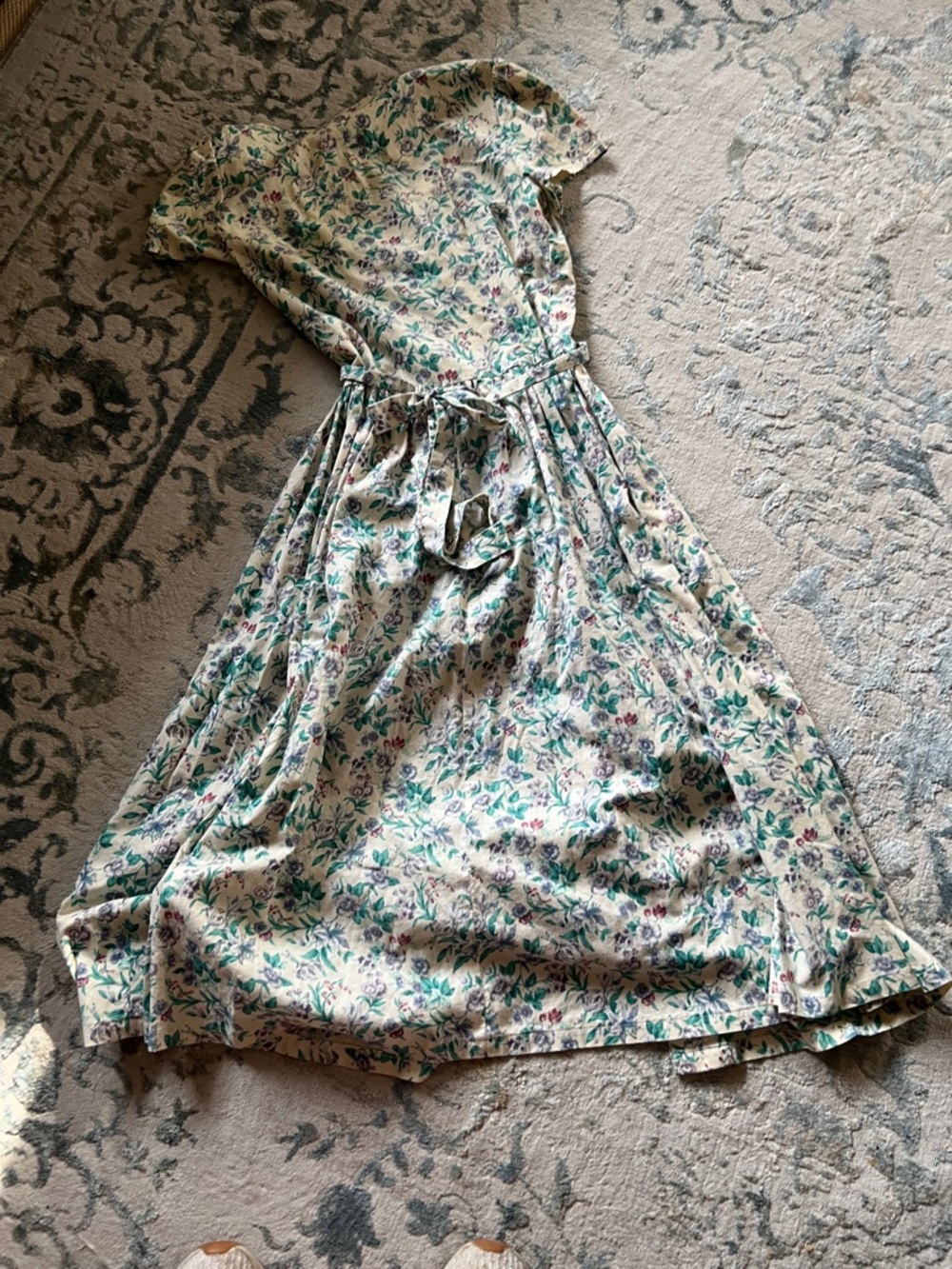Floral Midi Dress in Cream with Green & Blue Print - Picture 2 of 7